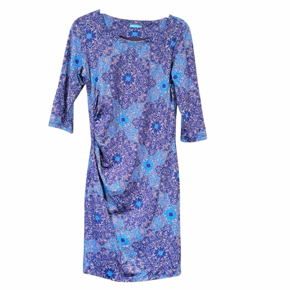 J. McLaughlin Blue Tile Print Catalina Cloth Ruched Side‎ Dress Size Medium